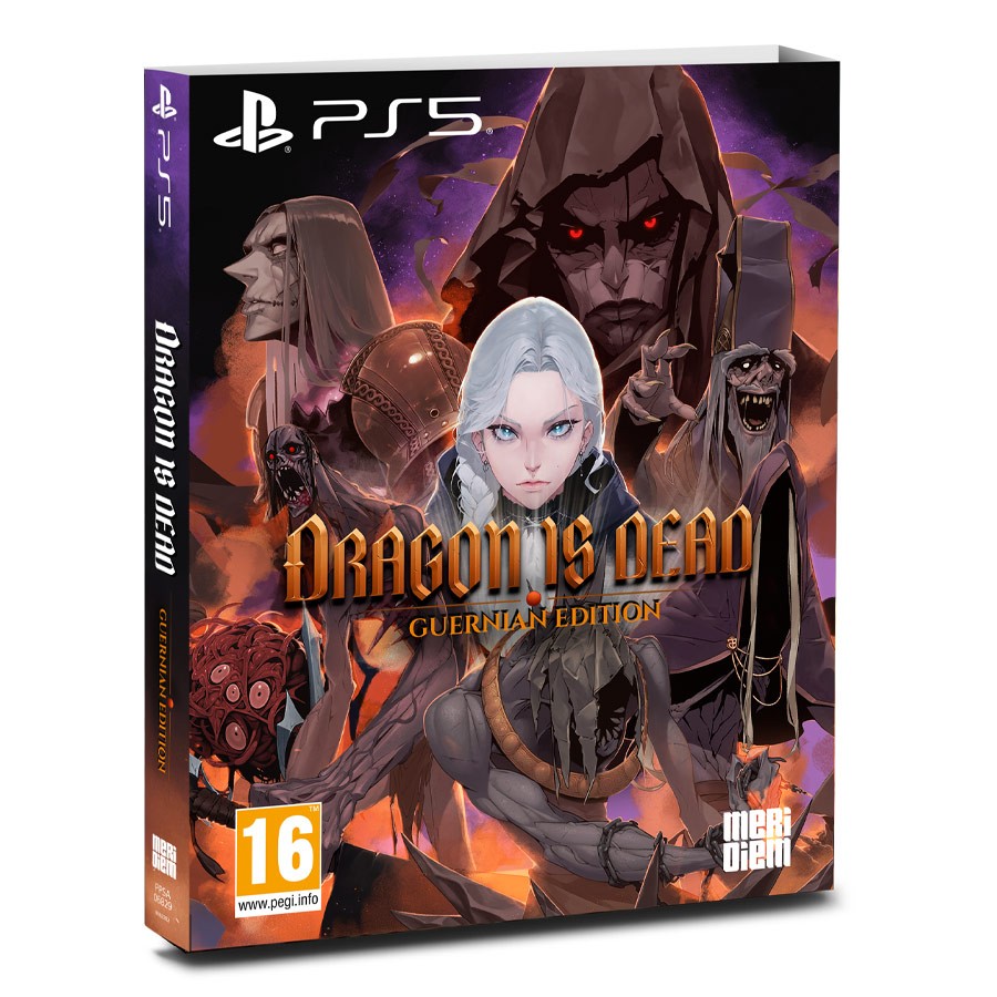 Dragon Is Dead Guernian Edition for PS5 features a vibrant cover with a female character and dark, menacing figures in the background, set against a fiery orange and purple backdrop.