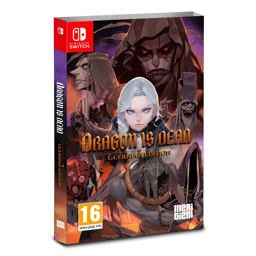 Nintendo Switch game box for "Dragon Is Dead Guernian Edition," featuring a dramatic illustration of characters in dark tones, with a prominent female figure and eerie background figures.