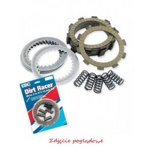 EBC Brakes DRC042 Clutch set includes metal and friction plates, springs, and packaging featuring a blue, red, and white design with "Dirt Racer" branding.