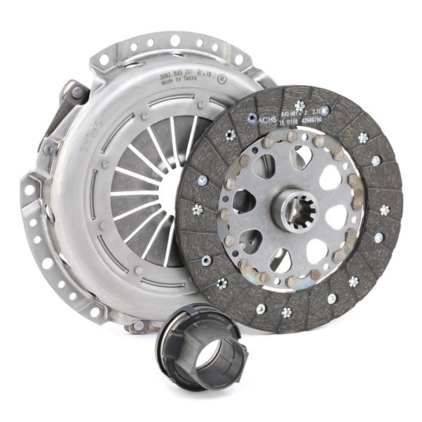 EBC Brakes DRCF105 Clutch features a metallic pressure plate, a friction disc with a grey surface, and a black release bearing, designed for high-performance applications.