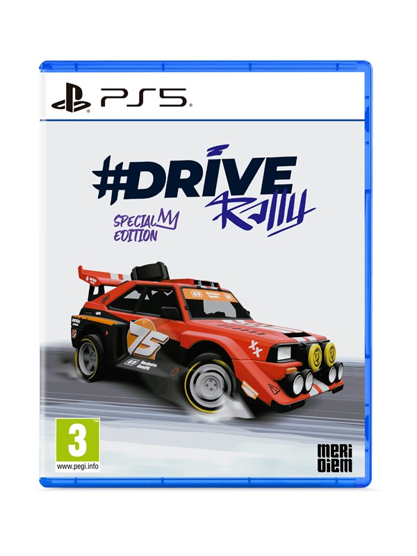 #DRIVE Rally Special Edition for PlayStation 5 features a vibrant blue case, showcasing a red and black rally car with bold graphics and the number 75 prominently displayed.