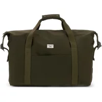 Olive green Guess duffel bag with dual handles, front pocket, and logo patch.