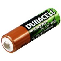 Duracell AAA rechargeable battery, copper top, black and green body, labeled "Rechargeable Active Charge."