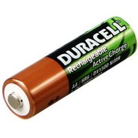 Duracell AA rechargeable battery, copper top, black and green body with white text, nickel-metal hydride type.
