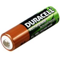Duracell AA rechargeable battery, copper top, green and black label with "Active Charge" text.
