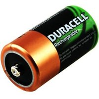 Duracell rechargeable C battery with copper top and green label, black text indicating brand and type.