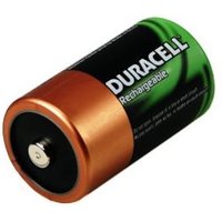 Duracell rechargeable D battery, copper top, black and green body with Duracell logo and Rechargeable text.