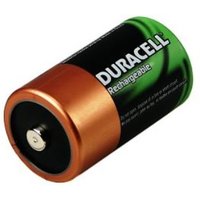 Duracell rechargeable D battery with copper top, black body, and green label.