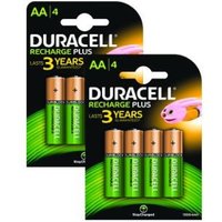 Duracell Recharge Plus AA batteries, 8-pack, green and copper design, in black packaging with pink bunny logo.