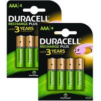 Duracell Rechargeable AAA batteries, green and gold, in black packaging with pink bunny, lasts 3 years label.