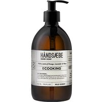 Brown bottle of Ecooking Hand Soap with black pump and white label detailing ingredients and brand name.