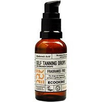 Amber bottle with black pump, labeled "Ecooking Self Tanning Drops 30 ml," featuring white and black text.