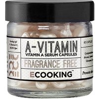 Clear jar of Ecooking Vitamin A serum capsules with black lid and bold black text on label.