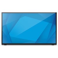 Elo Touch Solutions E510459 monitor, 23.8-inch, black frame, flat screen, geometric blue background display.