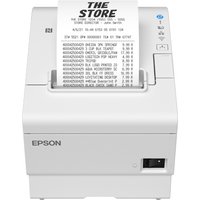 White Epson TM-T88VII thermal POS printer with printed receipt, wired and wireless connectivity options.