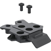 Black SpacePole MultiClip with four circular holes and two screws, designed for secure payment terminal mounting.