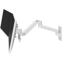 White Ergotron monitor mount with adjustable arm and wall attachment, holding a flat screen.