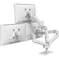 White Ergotron LX Pro desk mount with adjustable dual monitor arms and sleek, modern design.