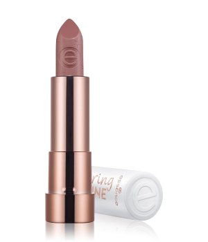Caring Shine Lipstick in shade 203-My Advice, featuring a smooth, creamy nude color, housed in a sleek metallic rose gold tube with a white base.