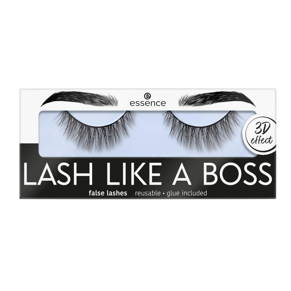 Black, fluffy false eyelashes with a 3D effect, packaged in a sleek box featuring a light blue background and bold text, labeled "Lash Like a Boss" by essence, reusable with glue included.