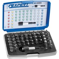 Blue and white Expert 49 piece 1/4in bit set with various metal bits in a plastic case.