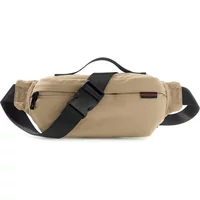 Beige Guess Dubai fanny pack with black adjustable strap and front zipper pocket.