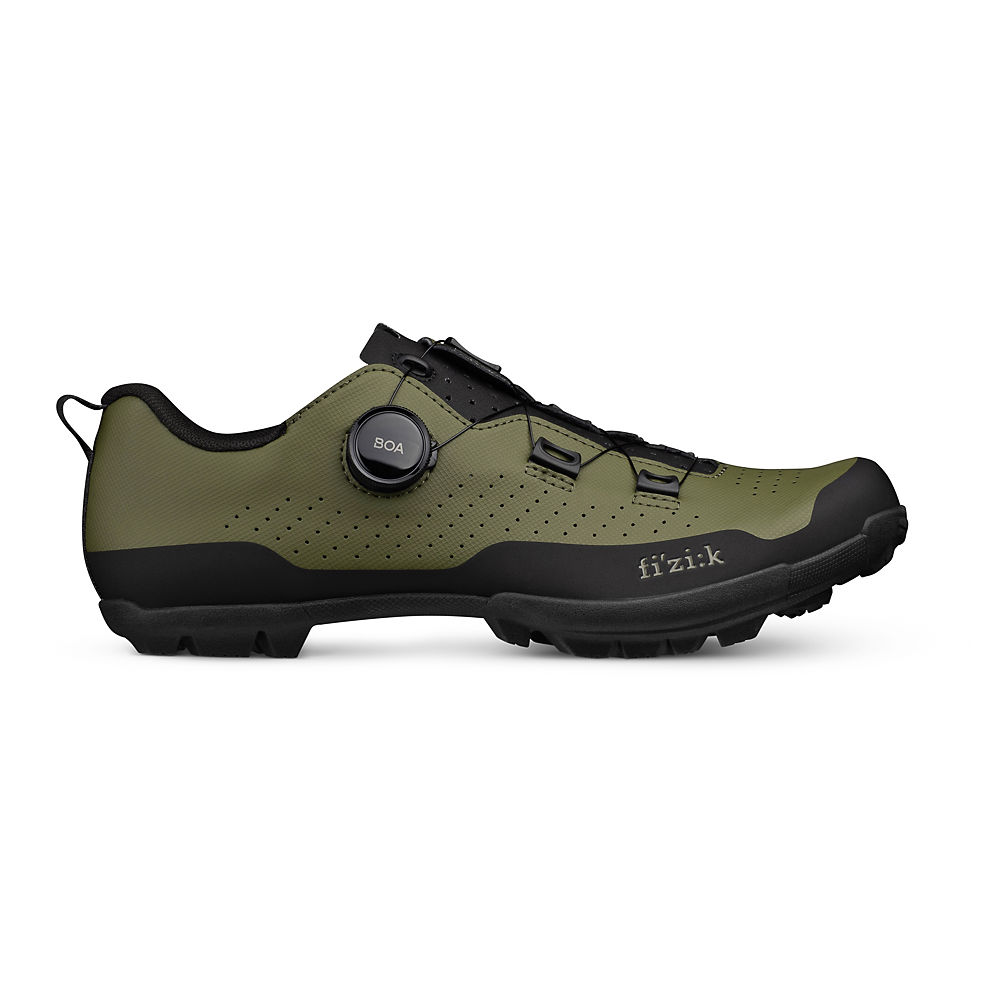 Army green all-terrain cycling shoes with a sleek design, featuring a Boa dial for secure fit, perforated upper for breathability, and rugged black outsole for traction.