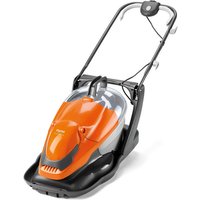 Orange Flymo electric hover lawnmower with black handle, transparent grass collector, and 36cm cutting width.