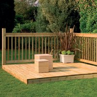 Wooden deck kit with handrails, 2.4m square, natural finish, set on grass, includes two wicker stools and a planter.