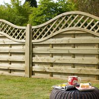 Forest pressure-treated fence panel with curved lattice top, horizontal slats, and natural wood finish.