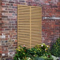 Forest Garden 6' x 3' pressure treated slatted trellis panel, horizontal wooden slats, mounted on a brick wall.