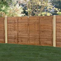 Brown pressure-treated wooden fence panel with horizontal slats, measuring 6' x 4', set in a garden.