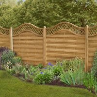 Decorative wooden fence panel with lattice top, pressure-treated, 6' x 4', light brown, by Forest Garden.