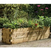 Wooden Forest Caledonian Trough Raised Bed, rectangular with interlocking corners, filled with green plants.