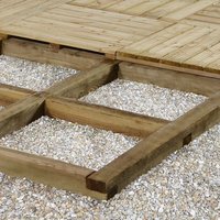 Wooden deck bearer pack, 70mm x 70mm x 2400mm, arranged on gravel, supporting timber decking.