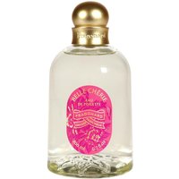 Clear glass bottle with gold cap, pink label reading "Belle Cherie Eau de Toilette" by Fragonard, 200 ml women's perfume.