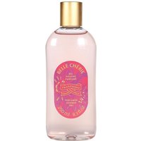 Clear bottle of Fragonard Belle Cherie Gel Douche, pink label, gold cap, 250 ml cleansing body gel.