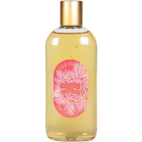 Clear bottle of Fragonard Belle de Nuit Gel Douche with pink floral label and gold cap, 250 ml.