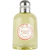 Clear glass bottle of Fragonard Eau des Vacances perfume with silver cap and citrus label, 200 ml.