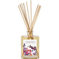 Square glass bottle with wooden reeds, floral label, and amber liquid, Fragonard Gingembre Vetiver Spicy Diffuser.