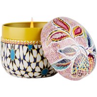 Fragonard Pistache Cedre candle in a patterned ceramic jar with a colorful floral lid.