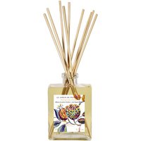 Square glass bottle with wooden reeds, featuring a colorful floral label, Fragonard Pistache Cedre Woody Diffuser.