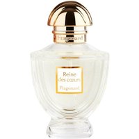 Clear glass bottle of Fragonard Reine des Coeurs perfume with gold cap and label, 50 ml, floral fragrance for women.