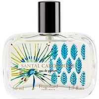 Clear glass bottle with black cap, featuring blue and green leaf design, labeled "Santal Cardamome Eau de Parfum 50 ml."