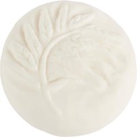 Round white Fragonard cleansing soap with embossed leaf design, 150 g, Santal Cardamome scent.