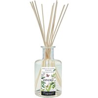 Clear glass bottle with Fragonard Verveine label, filled with citrus-scented liquid and natural reed sticks.