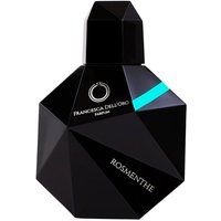 Black geometric Francesca dell'Oro Rosmenthe perfume bottle, 100 ml, with turquoise accent and silver logo.