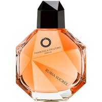Faceted amber glass bottle of Francesca dell'Oro Rubia Sucree Eau de Parfum with black geometric cap.
