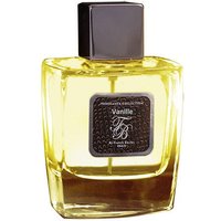 Clear glass bottle of Franck Boclet Vanille Eau de Parfum with black square cap and textured label.