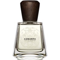 Clear glass bottle with dark wooden cap, labeled "Laskarina Eau de Parfum" by Frapin, 100 ml women's amber oriental perfume.